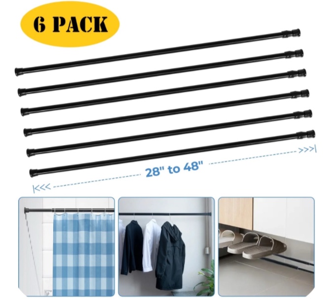 BEAMNOVA 6Pcs Tension Curtain Rod for Windows Cabinet Wardrobe Closet 28"-48" Adjustable, 1/2" Diameter, Black