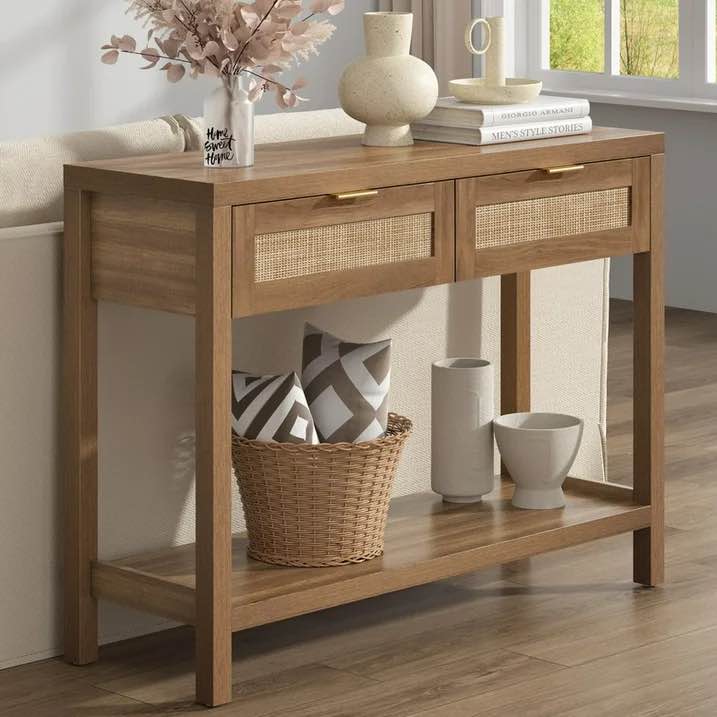 Surmoby Console Table with Rattan Drawers,Boho Wood Entryway Table Hallway Table Sofa Table with Open Storage Shelf for Living Room,Foyer and Corridor