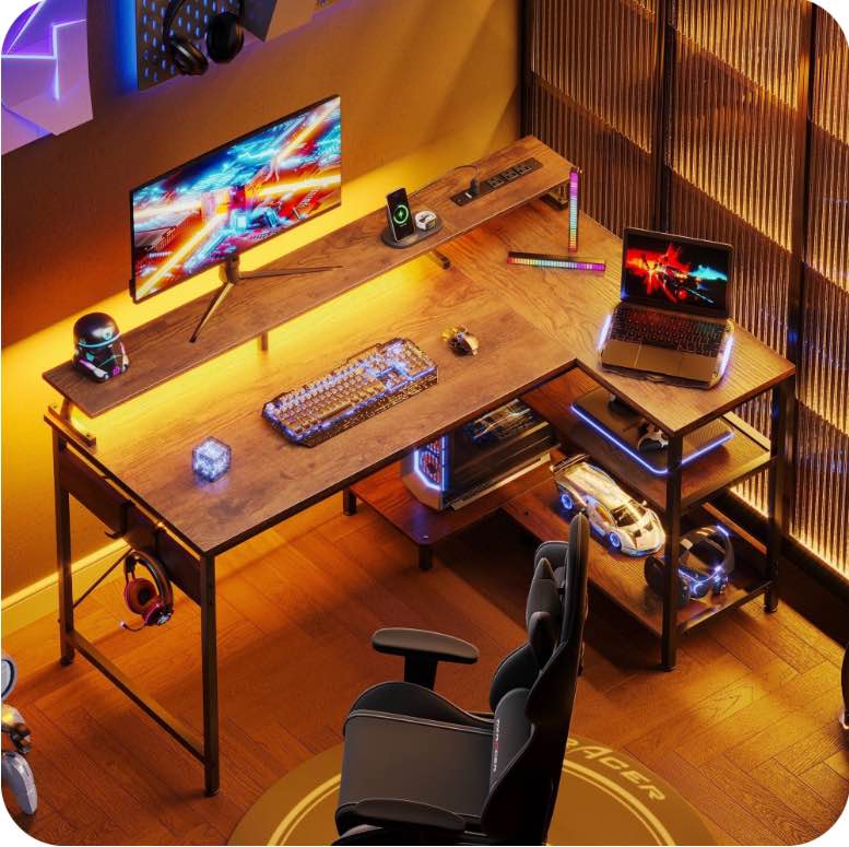 48 inch Reversible L Shaped Gaming Desk with LED Lights & Power Outlet, Corner Computer Desk with Storage Shelves & CPU Stand, Home Office Desk with Monitor Shelf, Modern Writing Table, Vintage