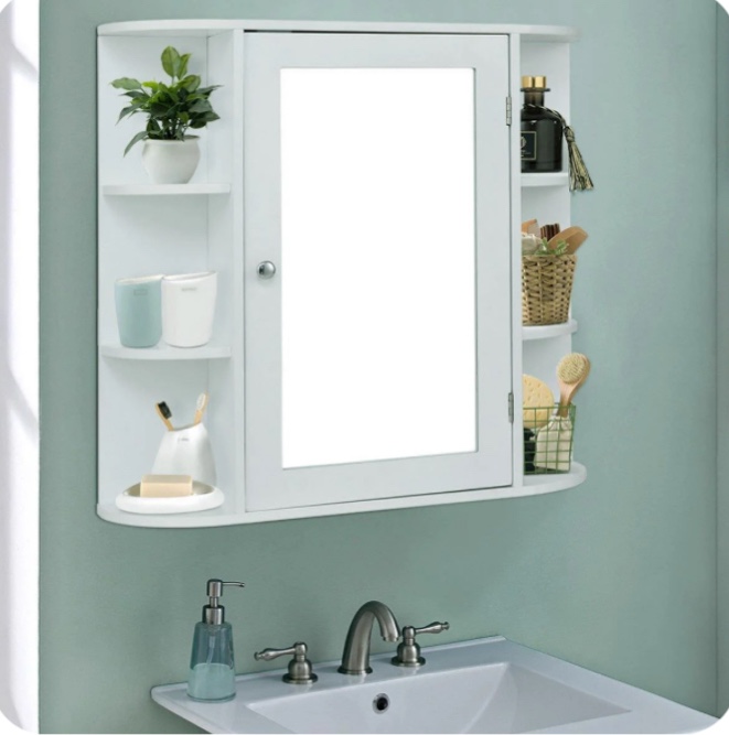 Ktaxon Wooden Bathroom Medicine Cabinet with Mirror Door & 8 Shelves, Wall Mounted Storage Organizer, White