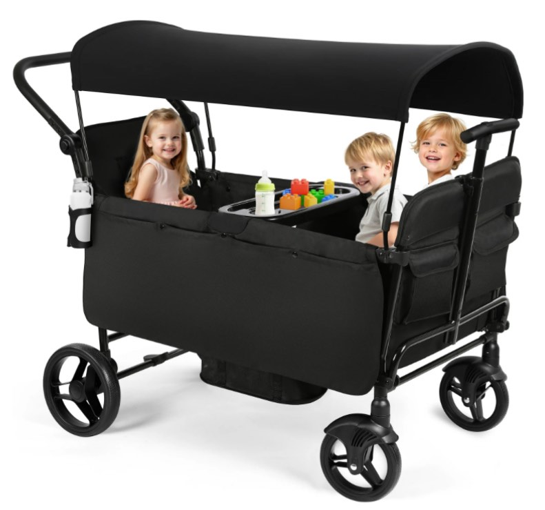 Vomeast Wagon Stroller for Kids, Spacious 4-Seater Stroller Wagon with Adjustable Canopy, Pull & Push Handle, 5-Point Harness, Foldable for Toddlers, Black