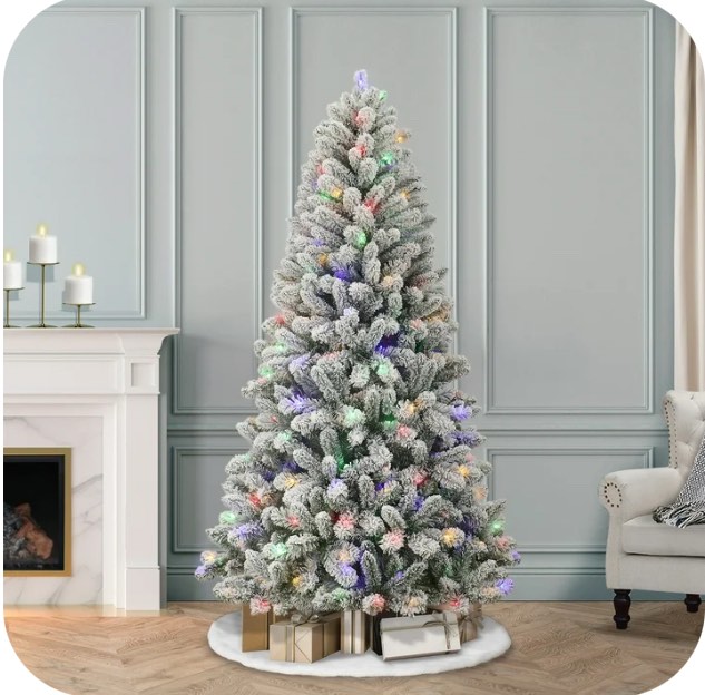 6.5' Pre-Lit Green Flocked Frisco Pine Artificial Christmas Tree with 250 Color-changing LED Lights, 