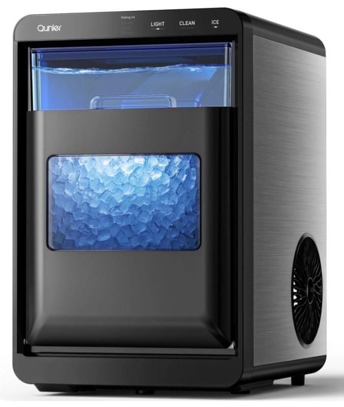 Qunler Nugget Ice Maker Countertop, 44lbs per Day Chewable Pebble Nugget Ice Machine with Touch Screen for Home, Kitchen, Office, Stainless Steel, Black