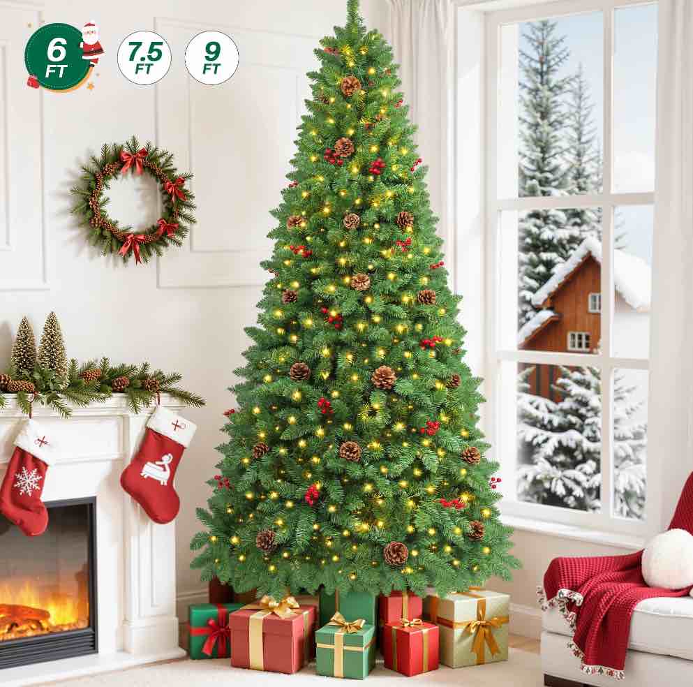 Firstness 6ft Pre-Lit Artificial Christmas Tree,Green Xmas Tree with 300 Lights and 800 Branch Tips,Pine Cones and Red Berries