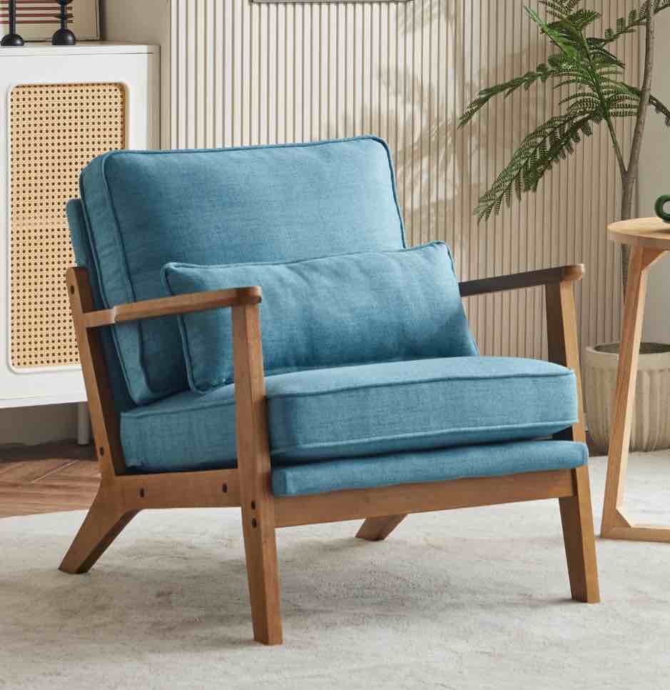 Ktaxon Accent Chair Line Fabric Upholstered Armchair, Reading Club Chair with Pillow for Living Room Bedroom Furniture Blue