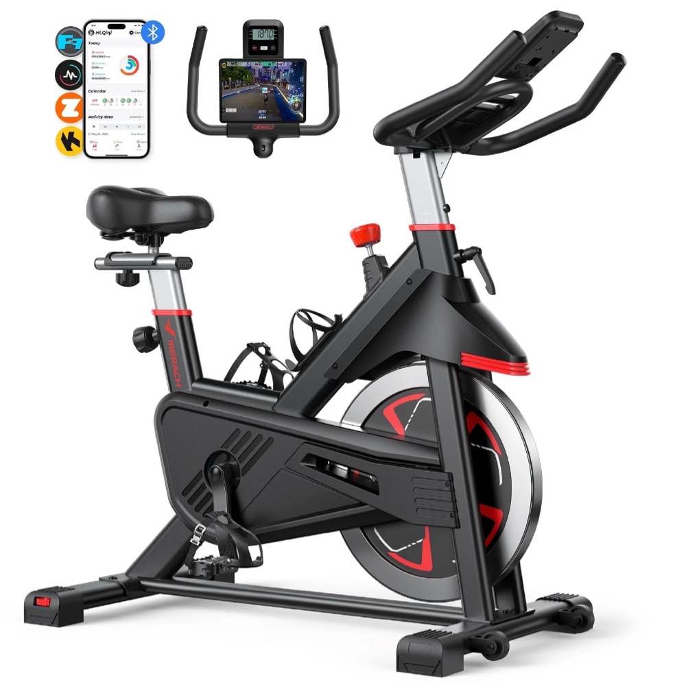 MERACH Exercise Bike Indoor Stationary Cycling Bike with 350lbs Weight Capacity 100 Resistance with LED Monitor Free APP Silent Belt Drive and Comfortable Seat Cushion for Cardio Workout