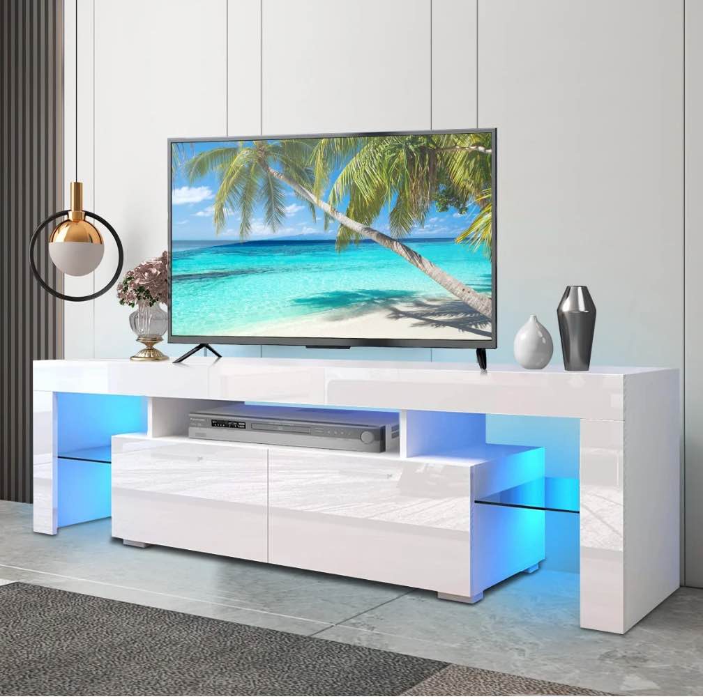 PAPROOS TV Stand for TVs up to 70", High Gloss TV Cabinet with LED Light, Modern TV Console Table with Storage Drawers, Media Television Stand Entertainment Center, White