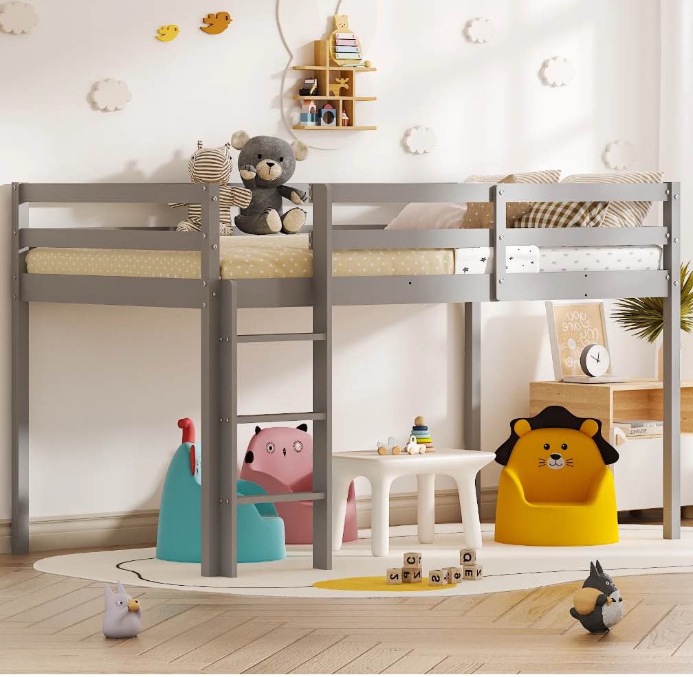 Zimtown Twin Size Loft Bed with Stairs Wood Low Sturdy Loft Bed for Bedroom, Gray