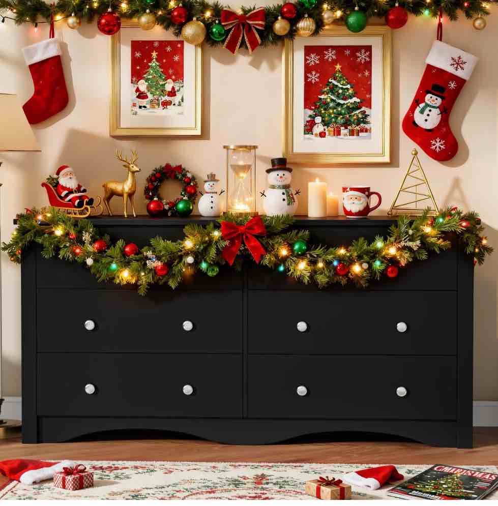 Homall 6 Drawer Double Dresser Equipped with an Anti-Toppling Device, Modern Wood Chest of Drawer for Living Room Bedroom,Black