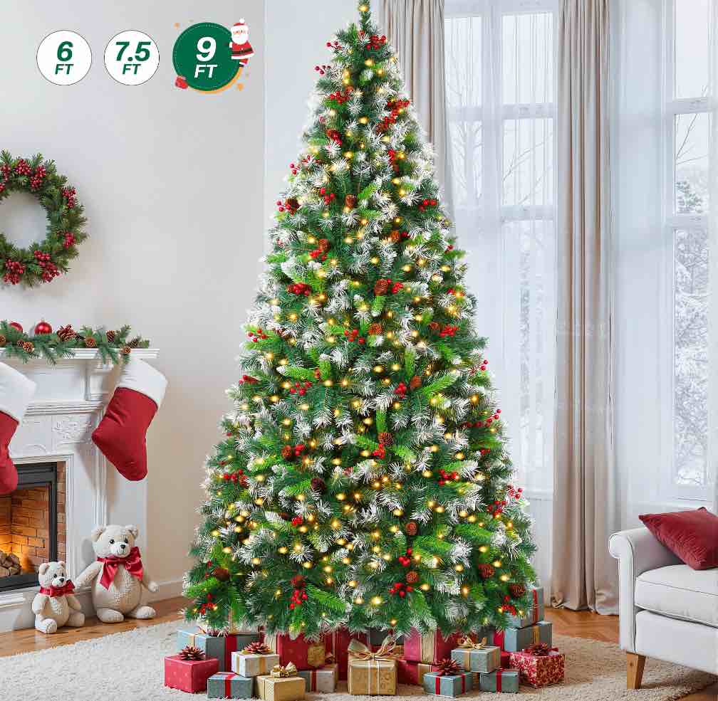 Firstness 9ft Pre-Lit Artificial Christmas Tree,Green Xmas Tree with 2100 Branch Tips 900 LED Lights,Pine Cones + Red Berries