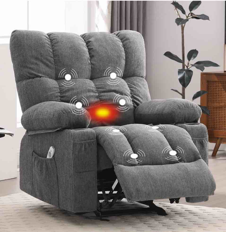 JONPONY Manual Recliner Chair with Heat Therapy and Massage Function, Heavy Duty Reclining Mechanism Massage Chair, Elderly Single Rocker Sofa with Cup Holders for Bedroom Home Theater,Grey