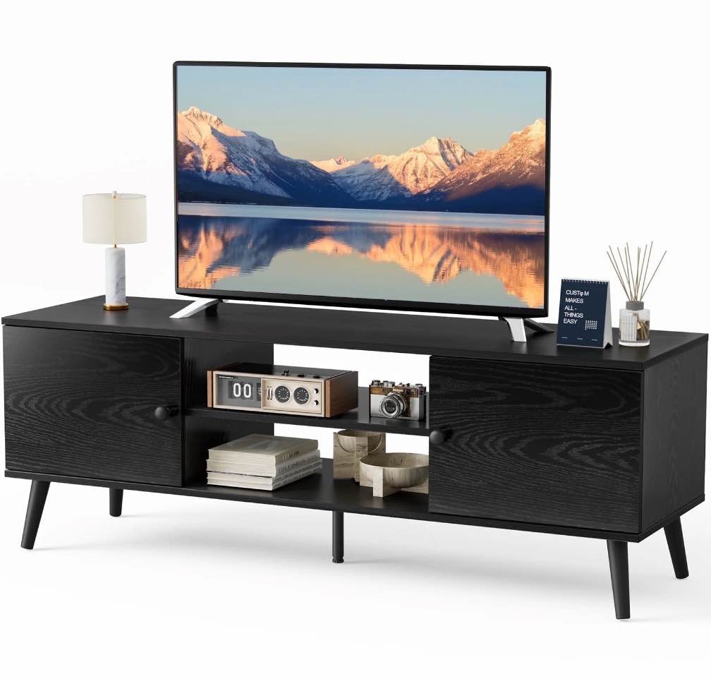 edx Modern TV Stand for 55-60 inch TV, Mid Century Entertainment Centre, Media Console Table with Storage for Living Room, Office, Black