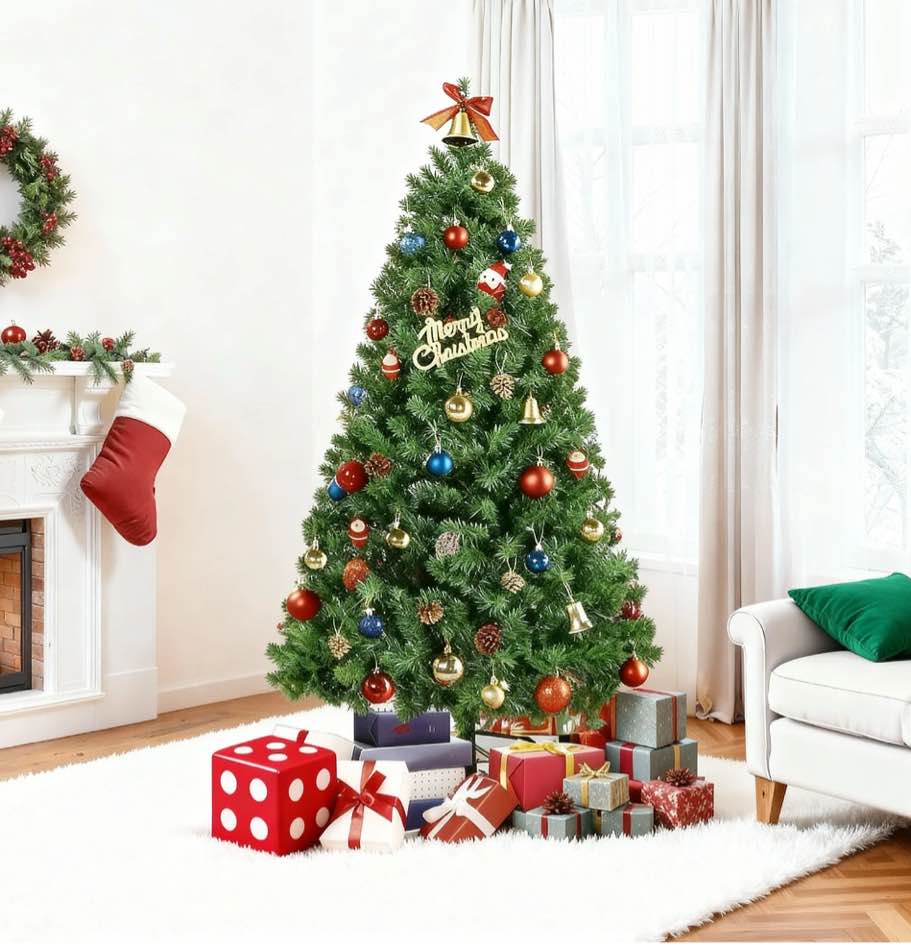 4.5Ft Pre-Lit Artificial Christmas Tree Prelighted Fake Xmas Tree with Foldable Metal Stand,350 Branch Tips,100 Warm White Lights,Green