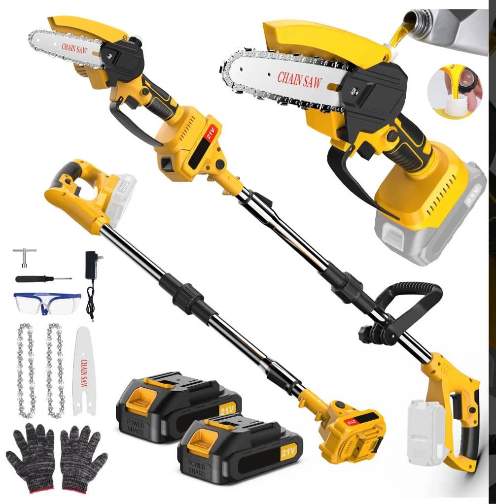 Cordless Pole Saw and Mini Chainsaw, 2-IN-1 Pole Chainsaw,Brushless Electric Pole Saw Battery Powered 4in/6in Chainsaw, 59 Inch Max Reach Tree Trimmer Pole Saw, Yellow