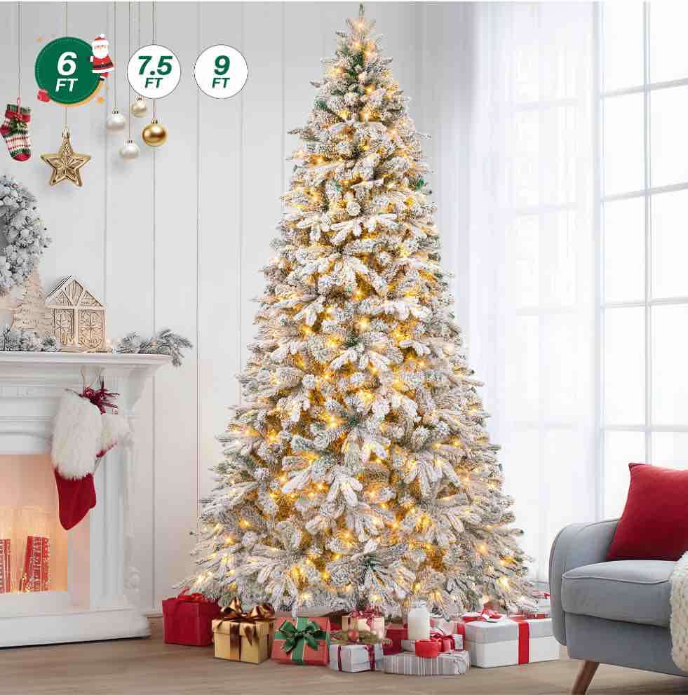 Firstness 6ft Pre-Lit Artificial Christmas Tree with 300 LED Lights,Snow Flocked Xmas Tree