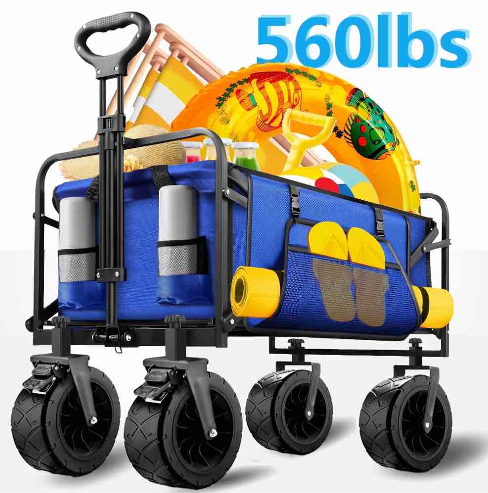 Qunler 560lbs Large Collapsible Wagon Cart, Foldable Heavy Duty Big Bucket Cart Wagon with Side Storage, Multi-Terrain Wheels with Brakes for Shopping, Camping, Garden, Grocery, Blue
