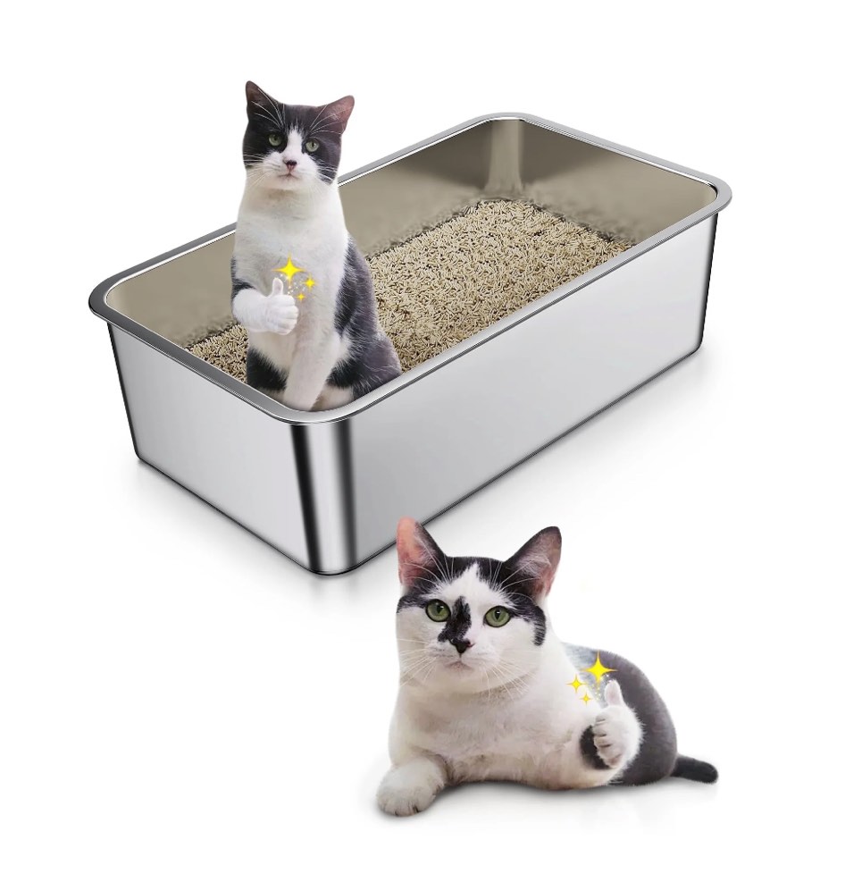 Stainless Steel Cat Litter Box, Bug Hull High Sided Metal Pan, Odor Control, Easy to Clean, 23.4" x 15.6" x 6"