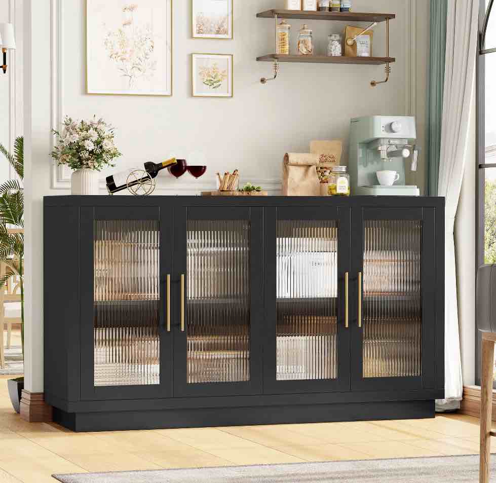 Homfa Modern Sideboard Buffet with Fluted Glass Doors, Accent Cabinet Console Table TV Stand, Black