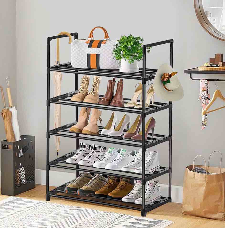5 Tiers Shoe Rack with Hook, Stackable Shoe Organizer Storage for Shoe and Boot, Shoe Shelf for Closet, Entryway, Dorm, Garage