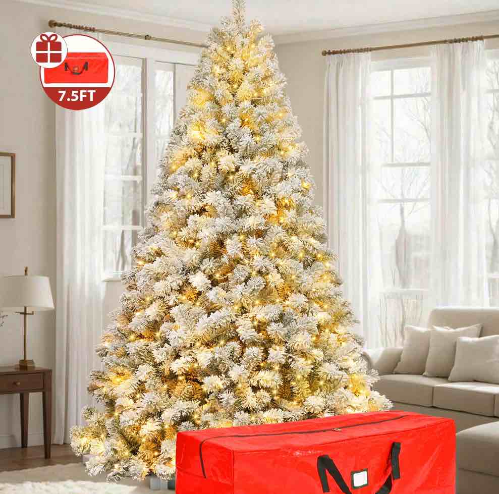 IZNEN 7.5ft Pre-Lit Snowflake Flocked Christmas Tree,8 Modes LED Lights,Artificial Xmas Tree with Storage Bag