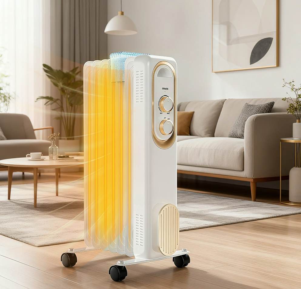 edx Basic Electric Oil Filled Radiator, 1500W Space Heater with Adjustable Thermostat, White, 22.83 x 11.81 x 4.92 in