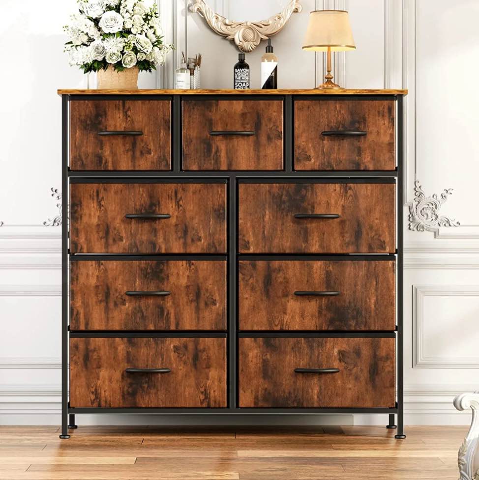 ZUNMOS 9 Drawer Fabric Dresser for Bedroom, Chest of Drawer Organizer Storage Cabinet for Closet, Entryway, Rust Brown