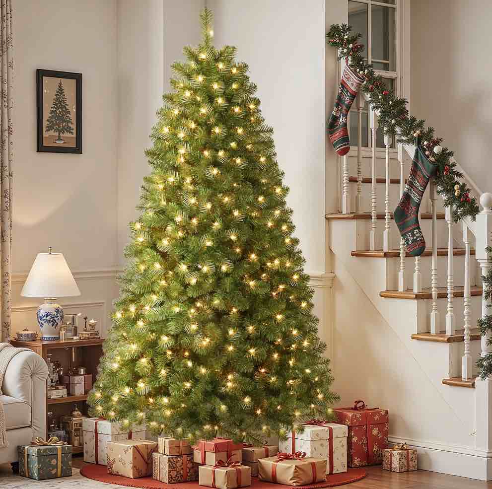 Alupssuc 7.5ft Pre-Lit Premium Artificial Hinged Christmas Tree w/ Warm White Lights, Perfect Choice for Xmas Decoration