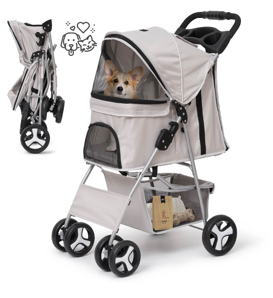 Naipo Pet Dog Stroller for Small Dogs and Cat, Foldable 4 Wheel  Pet Stroller with Storage Basket, Travel, Jogger, Gray