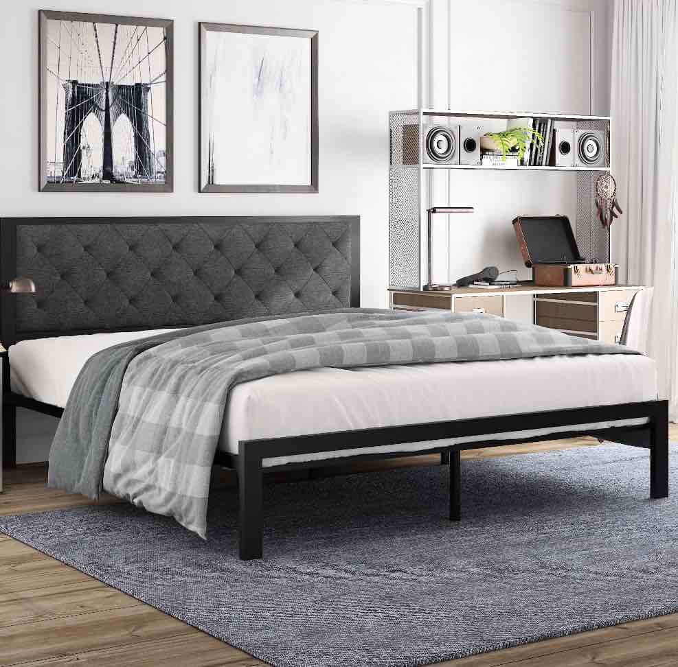 Amolife King Size Metal Bed Frame with Upholstered Headboard, Dark Grey