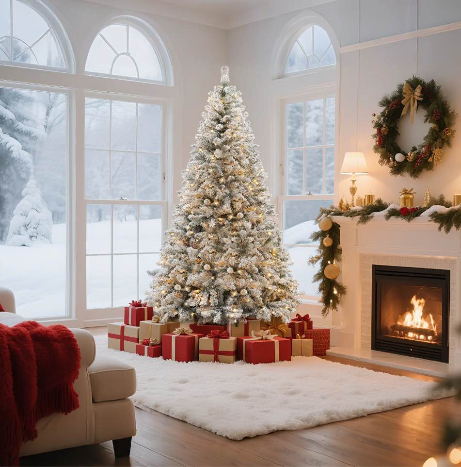 VAVSEA 7.5ft Pre Lit Snow Flocked Christmas Tree with Storage Bag, Fence, Tree Skirt, Hinged Artificial Xmas Tree with 350 Warm White Lights, 1200 Tips for Holiday Home Office Decoration