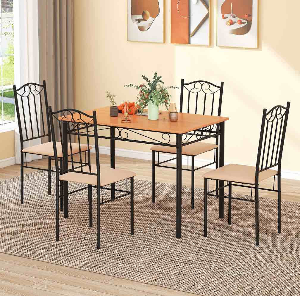 Costway 5 PCS Dining Set Wood Metal 30" Table & 4 Chairs Upholstered Kitchen Breakfast Furniture - Brown, Black and Natural