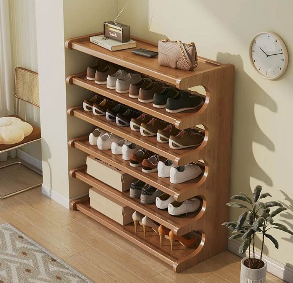 6 Tiers Shoe Racks, Bamboo Vertical Shoe Rack Organizer for Closet Floor, Wooden Stackable Shoe Storage Shelves, for Entryway, Hallway, Multifunctional Front Door Shoe Rack, 70cm/27.5''