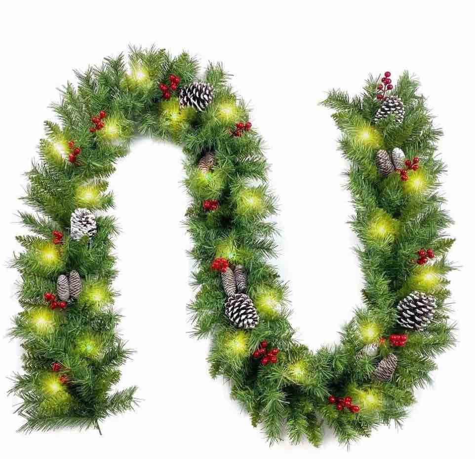 Aedavey 9FT Christmas Garland with 50 Waterproof LED Lights, 20 Snowy Pinecones 98 Red Berries Battery Operated Pre-Lit Xmas Garland Christmas Decor for Christmas