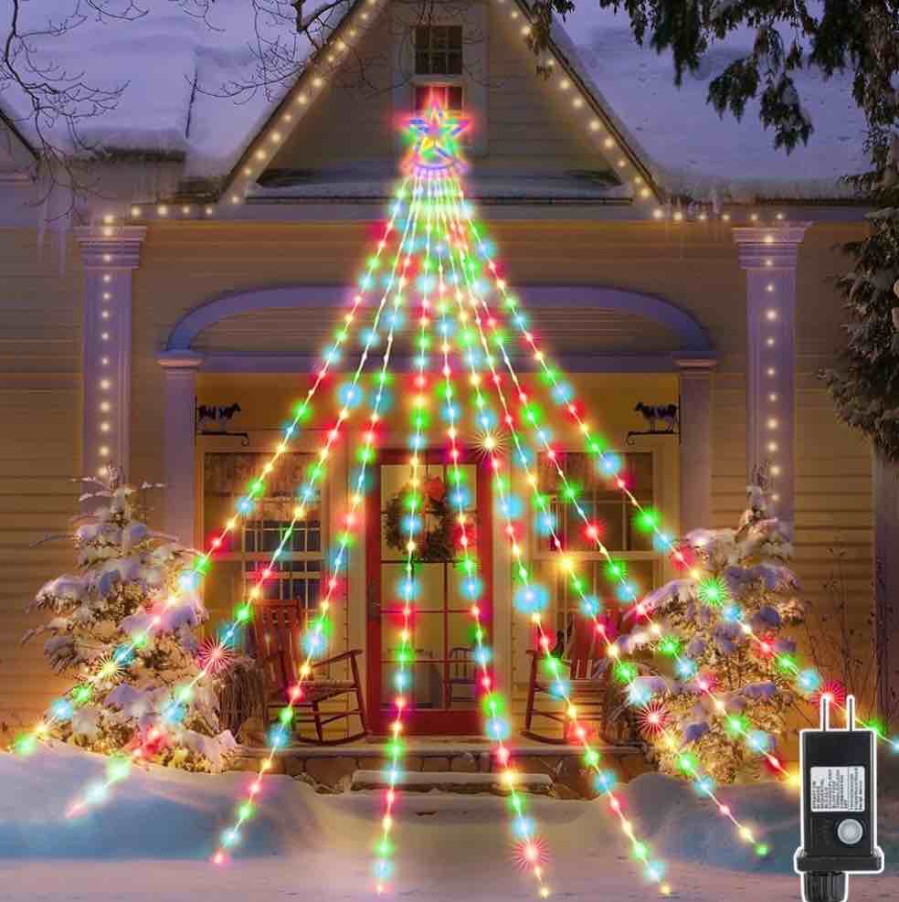 Christmas Lights with Star, 350 LED 25.8FT Star Waterfall String Christmas Fairy Lights with 8 Modes for Outdoor & Indoor Decoration, Multicolor