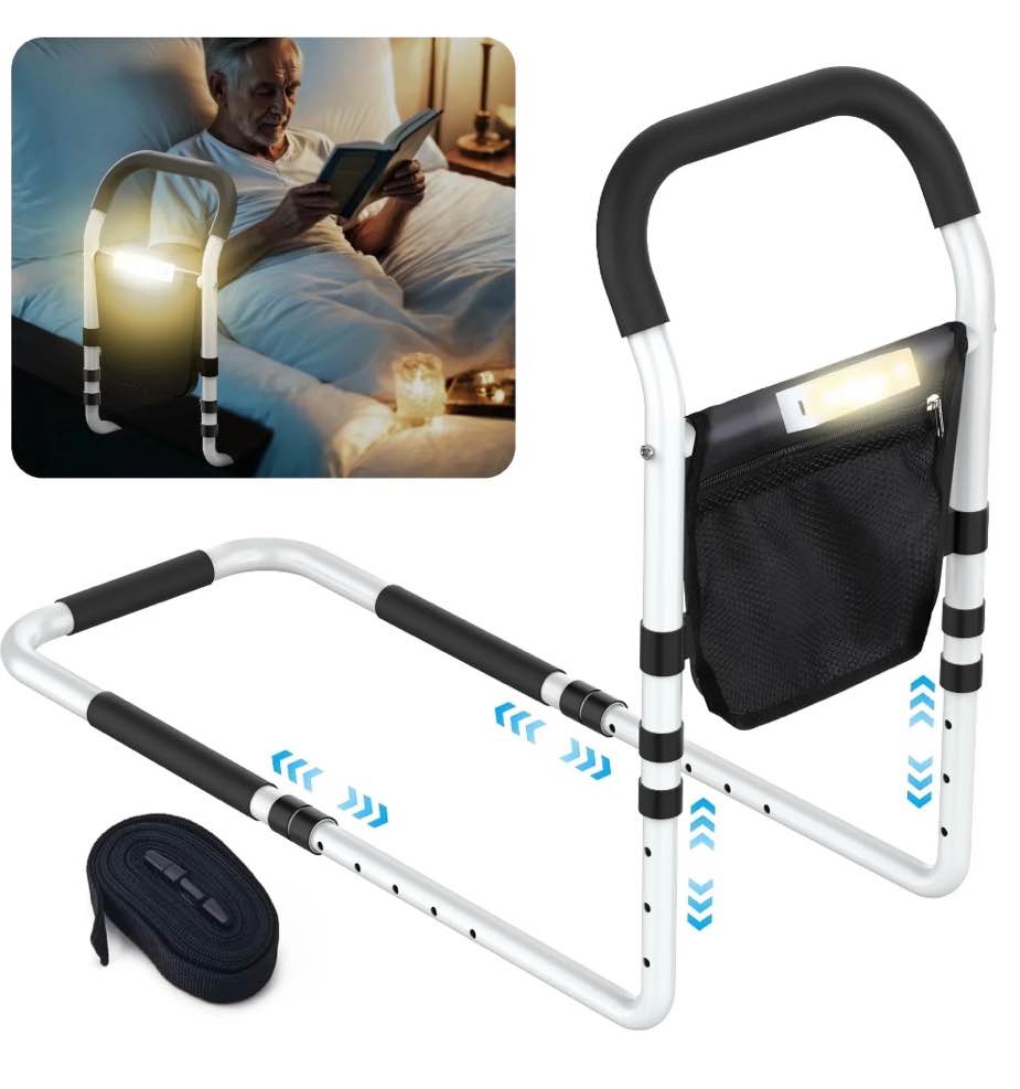 KEKOY Bed Rails for Elderly Adults, Adjustable Assist Beds Rail for Senior with Storage Bag & Light, Bed Support Steel Bar Mobility Assistant, Fix All Beds Frame