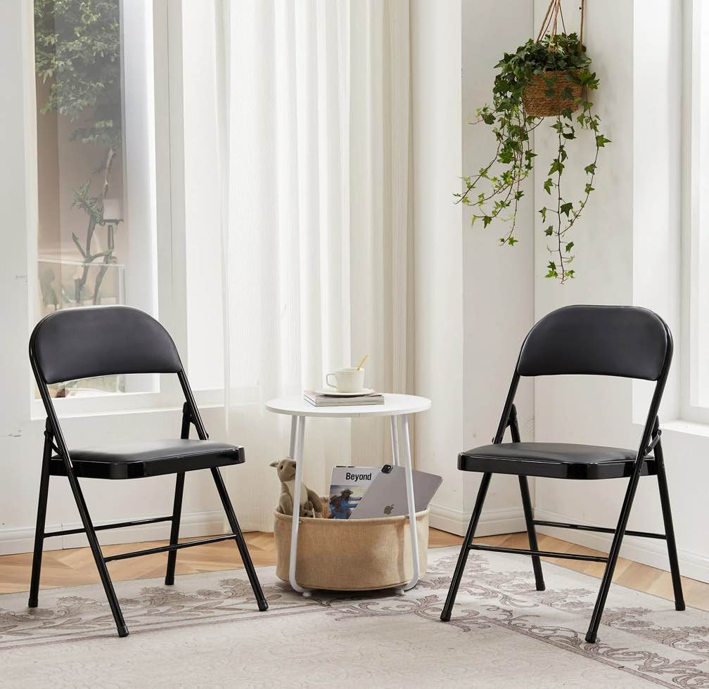 CONCETTA 2 Pack Folding Chair, Indoor Outdoor Portable Stackable Commercial Leather Padded Seat for Home, Office, Party, Black