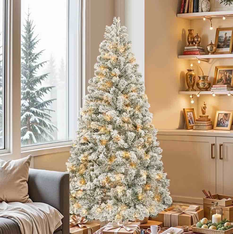 5FT Pre-Lit Hinged Christmas Tree Snow Flocked with 600 Tips 200 Lights