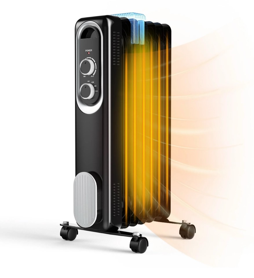 edx Basic Electric Oil Filled Radiator, 1500W Space Heater with Adjustable Thermostat, Black, 22.83 x 11.81 x 4.92 in