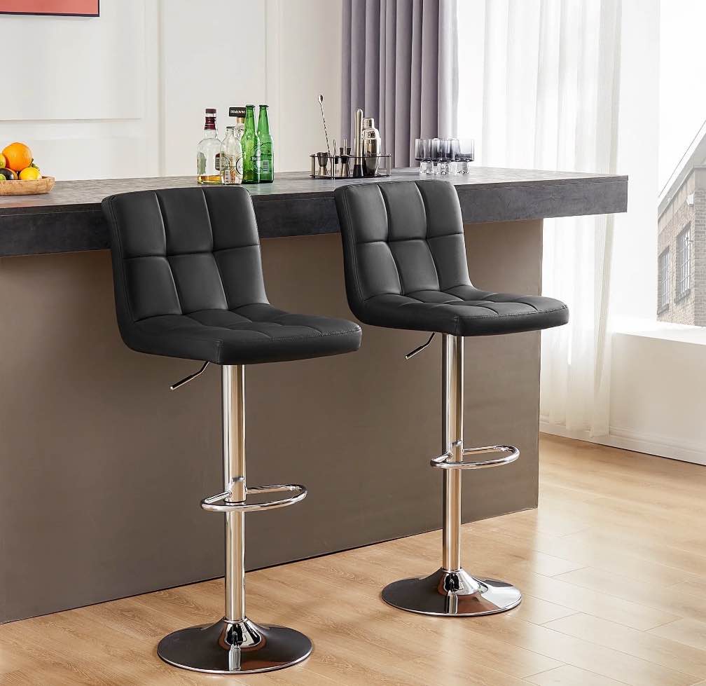 CONCETTA Bar Stools - Set of 2 Adjustable Swivel PU Leather Counter Seats, Black