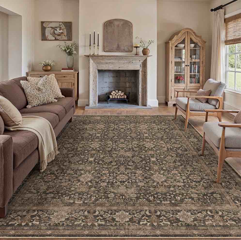 WIPONKEN 9x12 Area Rugs for Living Room Bedroom Dining Room Office Farmhouse, Machine Washable Non Slip Vintage Persia Rug Brown