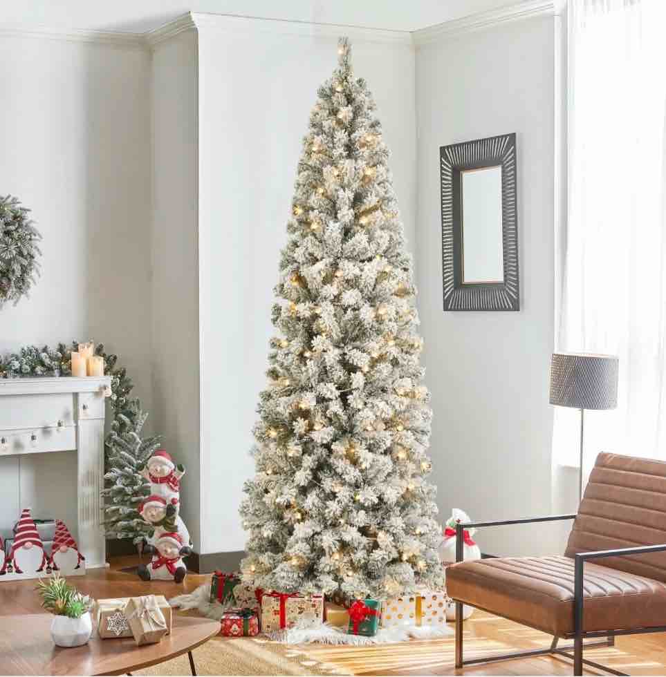 7ft Pre-Lit Snow Flocked Pencil Christmas Tree Hinged Slim Skinny Corner Xmas Tree with 300 Warm Lights & 760 Snow Branch Tips, White
