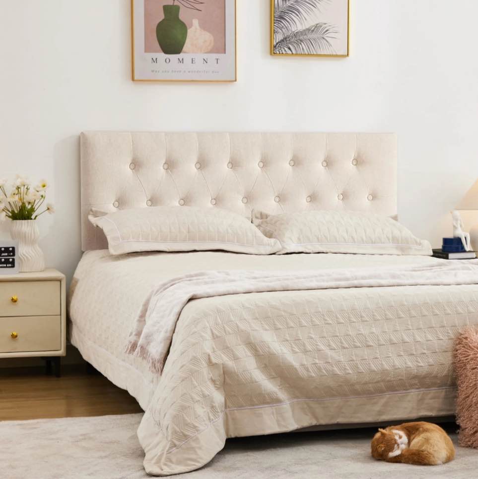 JONPONY Tufted Upholstered Headboard Queen Size, Solid Wood Head Board with  Adjustable Height  Headboard from 37" to 51",Bed Frame Adapters,Beige,Headboard Only