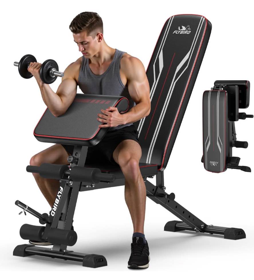 FLYBIRD Workout Bench with Leg Extension & Curl Pad, Foldable 800LB Bench for Full Body Training