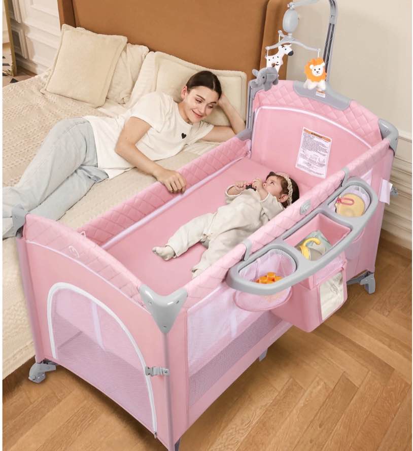 Babyeap 5 in 1 Baby Bassinet,Baby Sleeping Bed,Baby Changing Table,Baby Playpen,Standalone Baby Crib,Baby Bedside Bassinet for Newborn Baby,Pink
