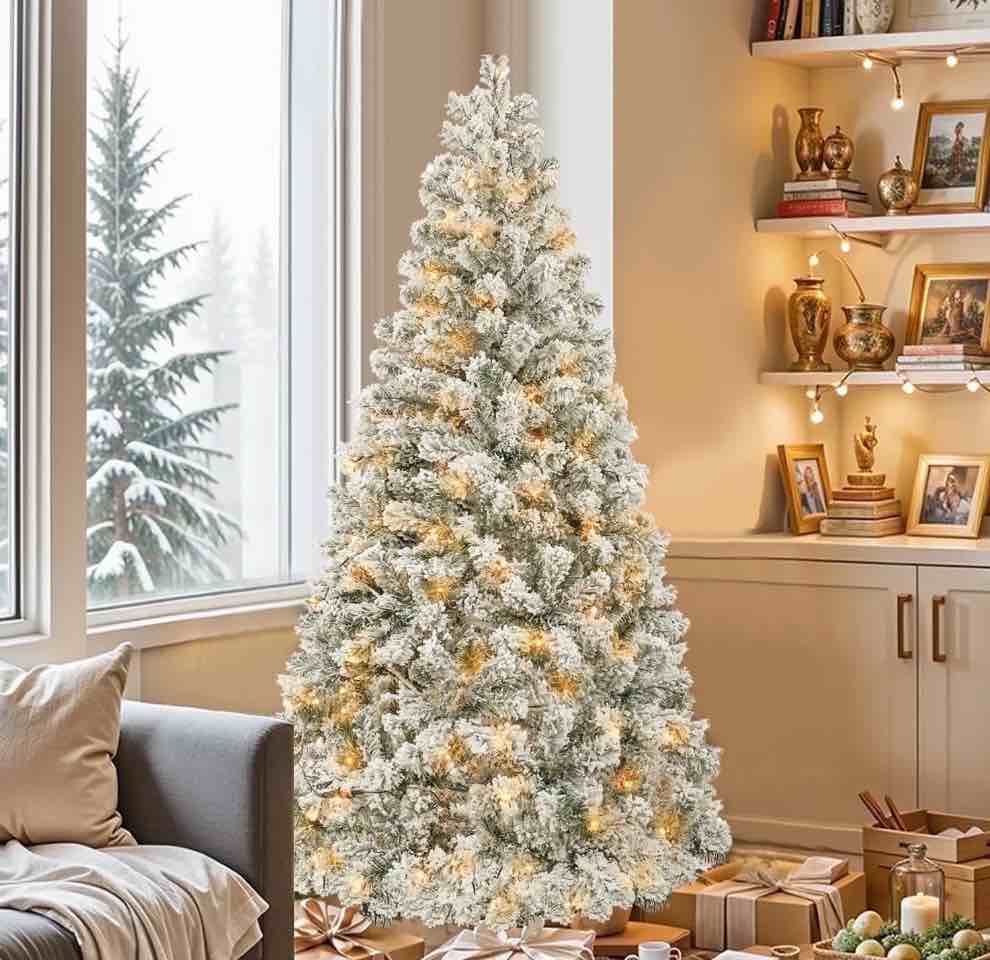 5FT Pre-Lit Hinged Christmas Tree Snow Flocked with 600 Tips 200 Lights