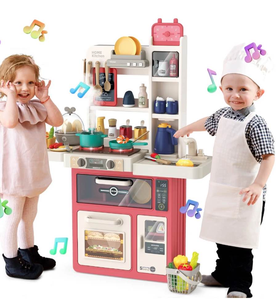 JoyStone 63PCS Kids Kitchen Playset,Play Kitchen Toy with Realistic Lights & Sounds,Pretend Steam, Play Sink & Oven, Menu Board & Other Kitchen Accessories Set for Toddlers