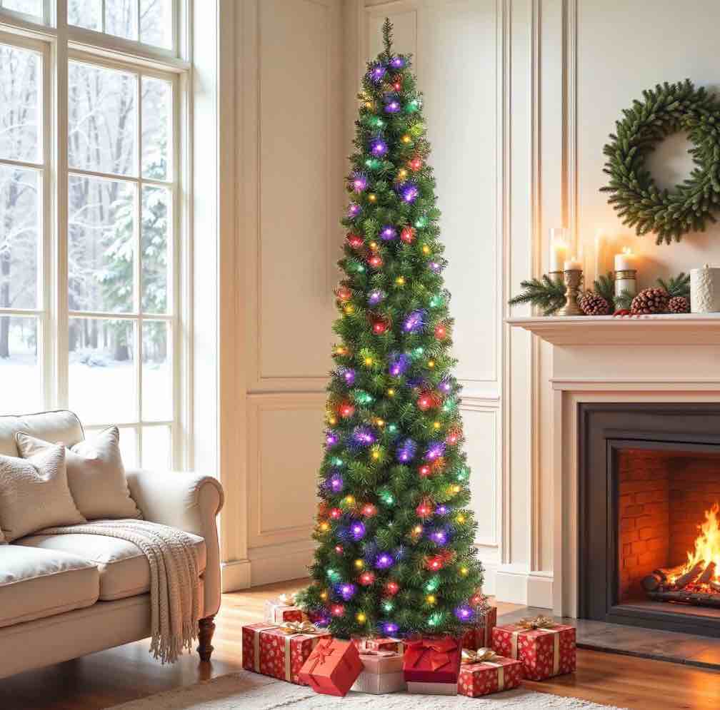 6.5ft Pre-Lit Pencil Christmas Tree, Artificial Xmas Tree with 150 Dual-Color LEDs, 10 Lighting Modes, Metal Stand, Green