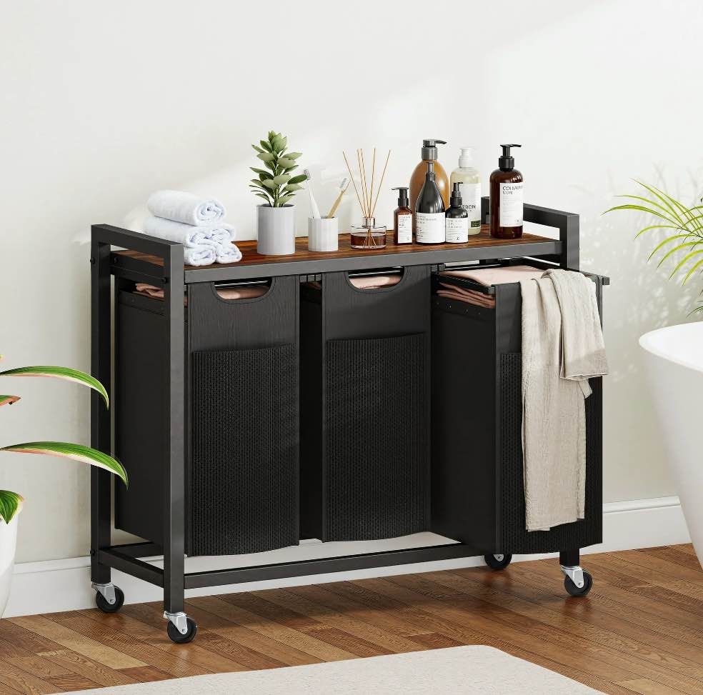 edx Laundry Hamper with 3 Pull-Out Removable Laundry Bags Clothing Sorter with Shelf and Wheels(Adjustable feet) 3 x 8.6 Gallons (32.5 Liters) for Laundry Rooms Bathrooms and Dorms