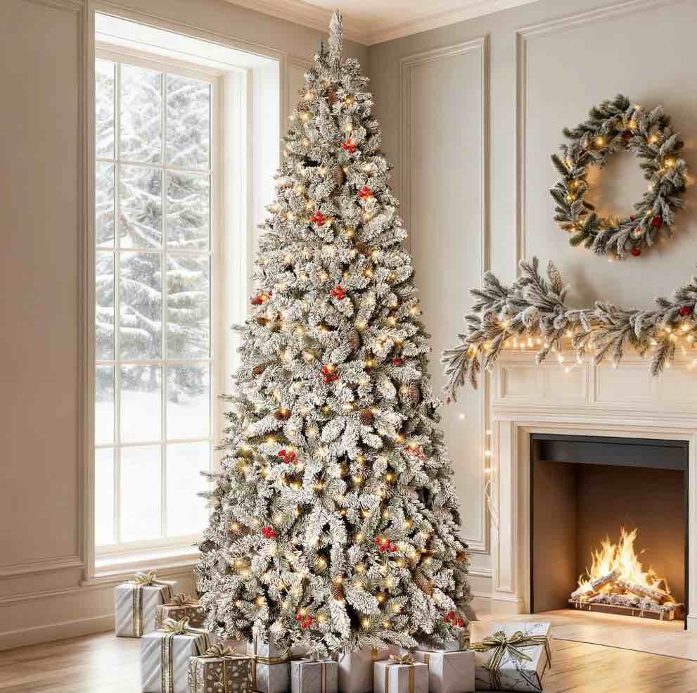 GVDV 7.5ft Pre-Lit Snow Flocked Christmas Tree, Pencil Artificial Berry Christmas Tree with Pinecones, Red Berries, Warm White Lights, for Home, Office and Party Decor, Metal Hinges Easy Assembly