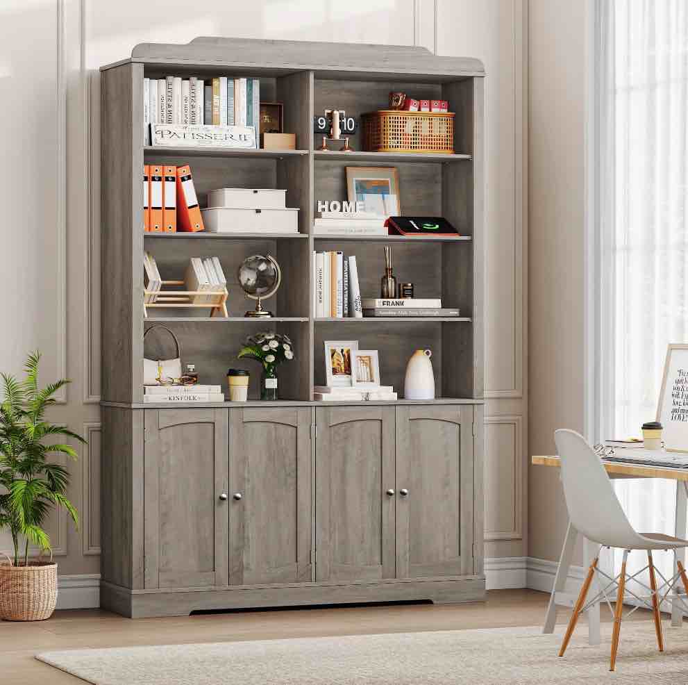 Homfa 73'' Tall Bookcase with 4 Doors, 6-Tier 8 Cubes Display Bookshelf, Double Row Bookcase with Adjustable Shelves for Living Room Home Office, Gray